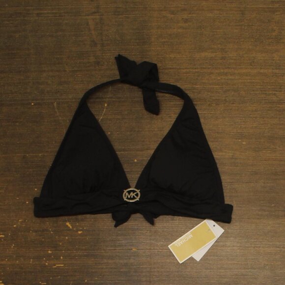 NWT Michael by Michael Kors Solid Logo Ring Swim Bikini Halter Top Black L - Picture 4 of 8